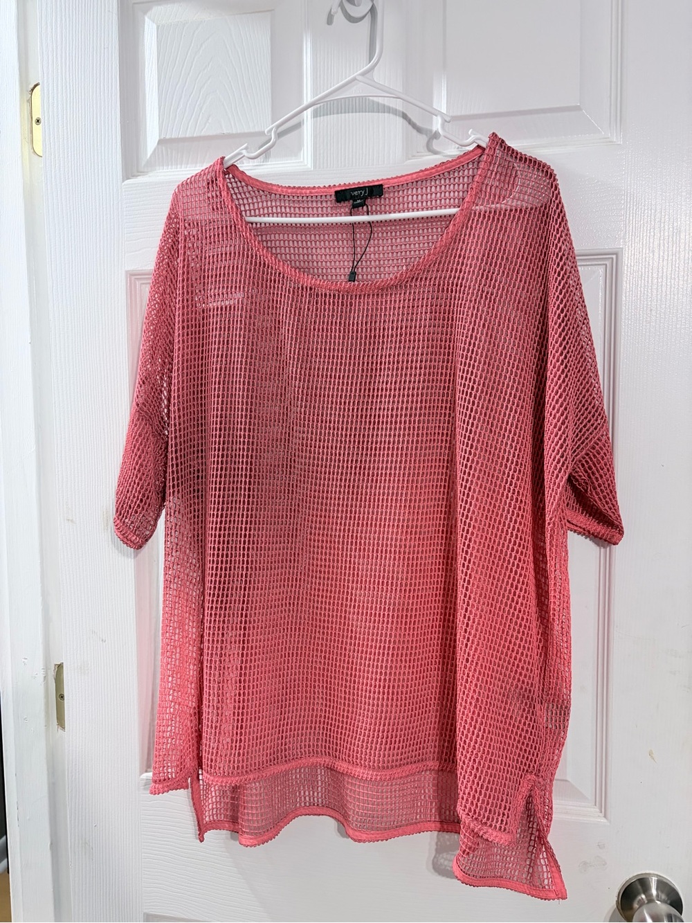 Very J Coral Pink Open Mesh Tunic Top Medium Sheer High Low Boho